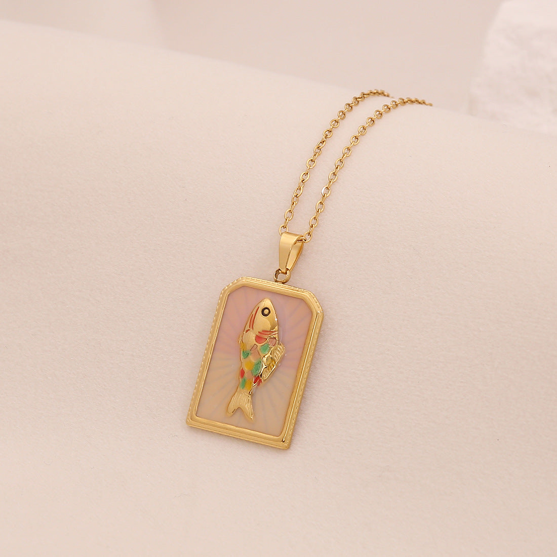 Vintage Fish-Shaped Enamel Stainless Steel Pendant Necklace with O-Chain for Women