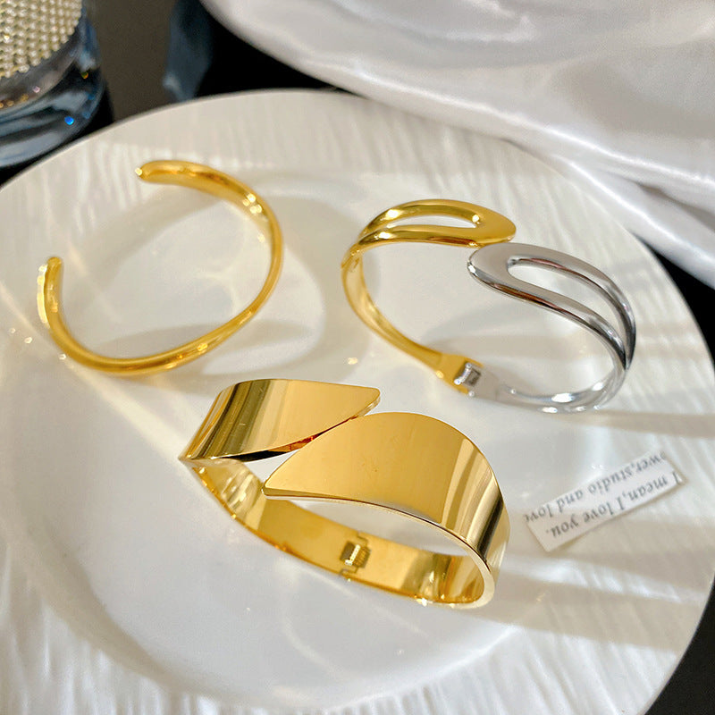 Minimalist Two-Tone Geometric Round Open Cuff Titanium Steel Bracelet