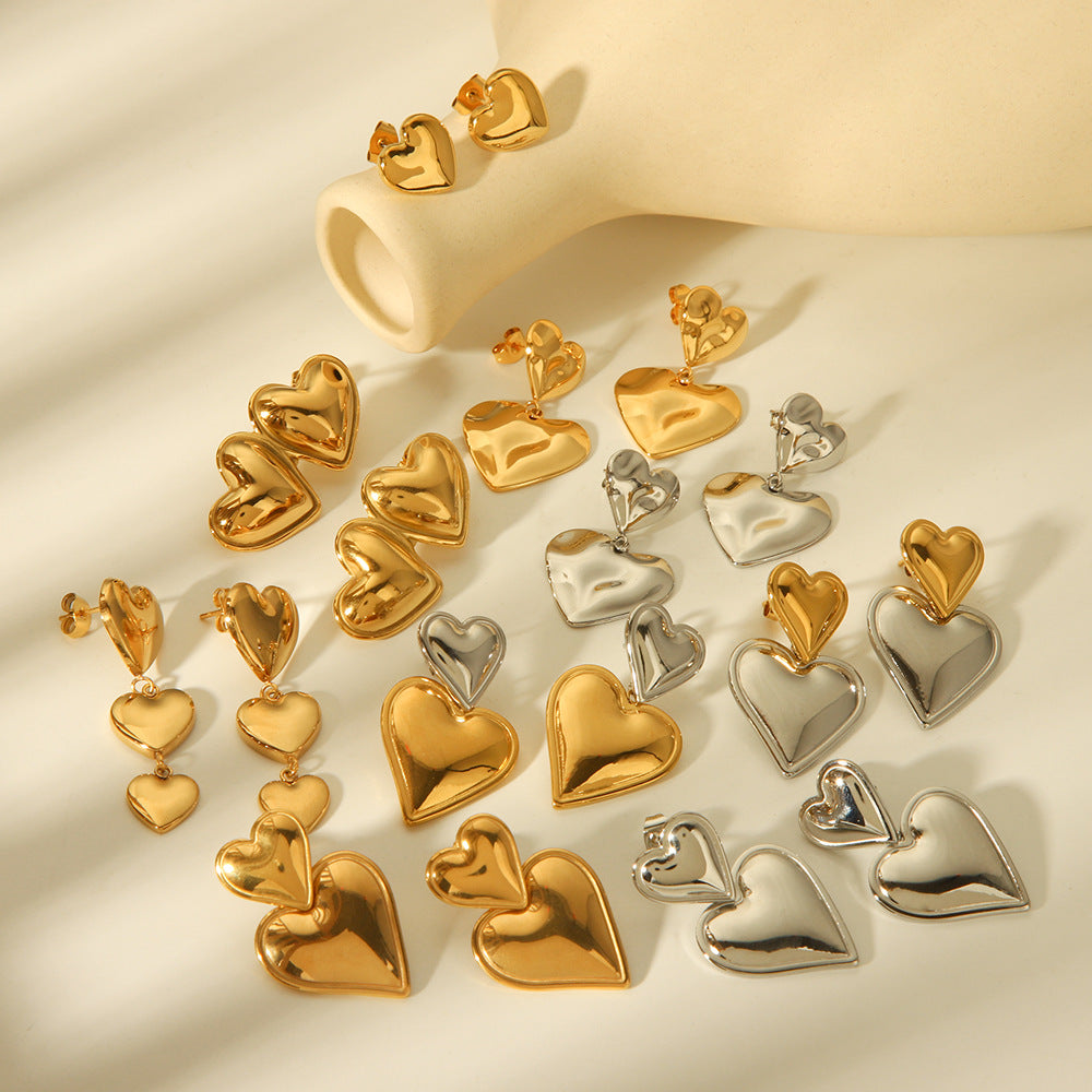 INS Style Heart-Shaped Titanium Steel Earrings with 18K Gold Plating, Stainless Steel Posts, Hypoallergenic and Fade-Resistant for Women