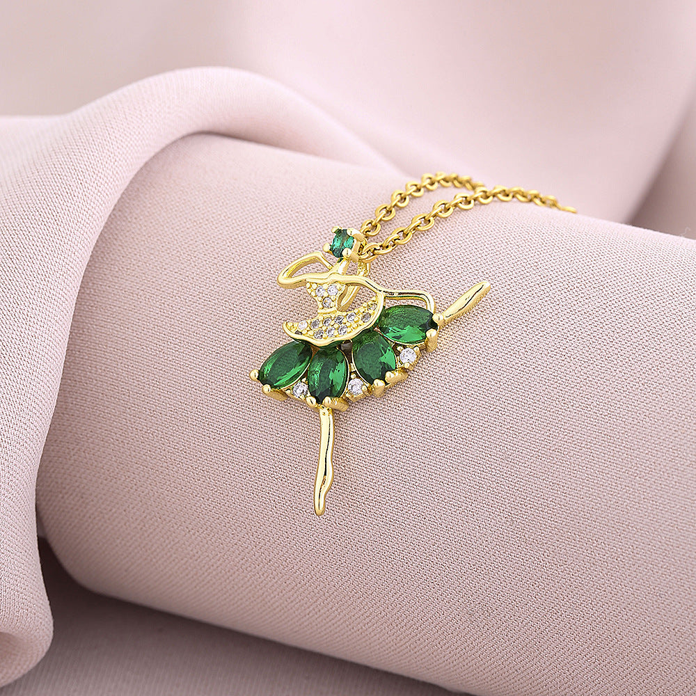 Elegante Collar Colgante de Bailarina de Ballet para Mujer en Cobre con Incrustaciones de Circonita Cúbica en Cadena O-Chain, Cadena de Clavícula de Lujo Minimalista