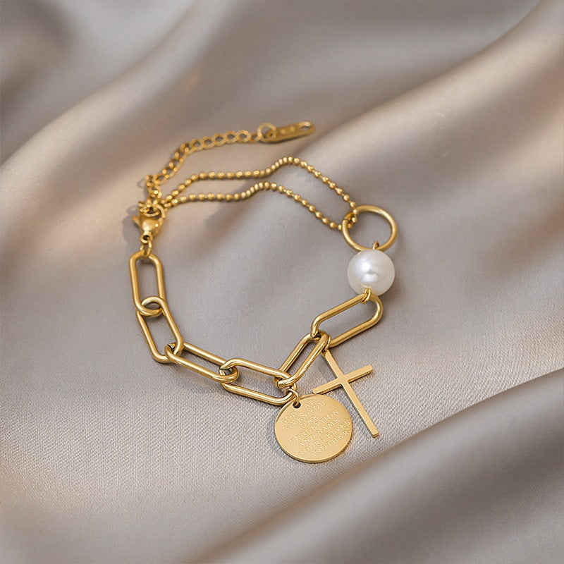 Pulsera minimalista de acero de titanio con cadena irregular, perla, cruz y colgante redondo para mujer
