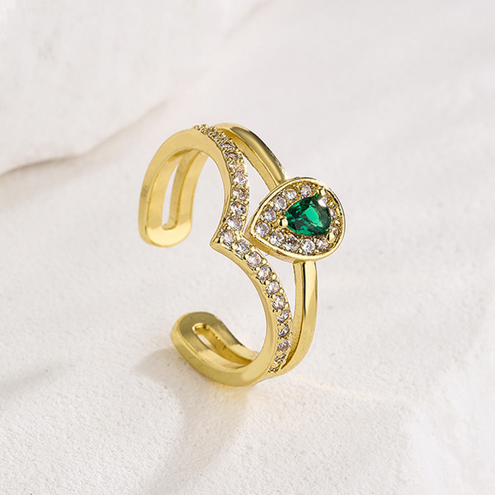 Anello Aperto Geometrico da Donna in Rame con Placcatura in Oro 18K e Intarsio di Zirconi Verdi