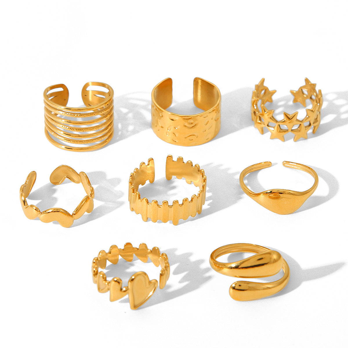 Anillo Abierto Minimalista en Acero de Titanio con Baño de Oro de 18 quilates para Mujer, Diseño de Corazón y Estrella Esmaltados