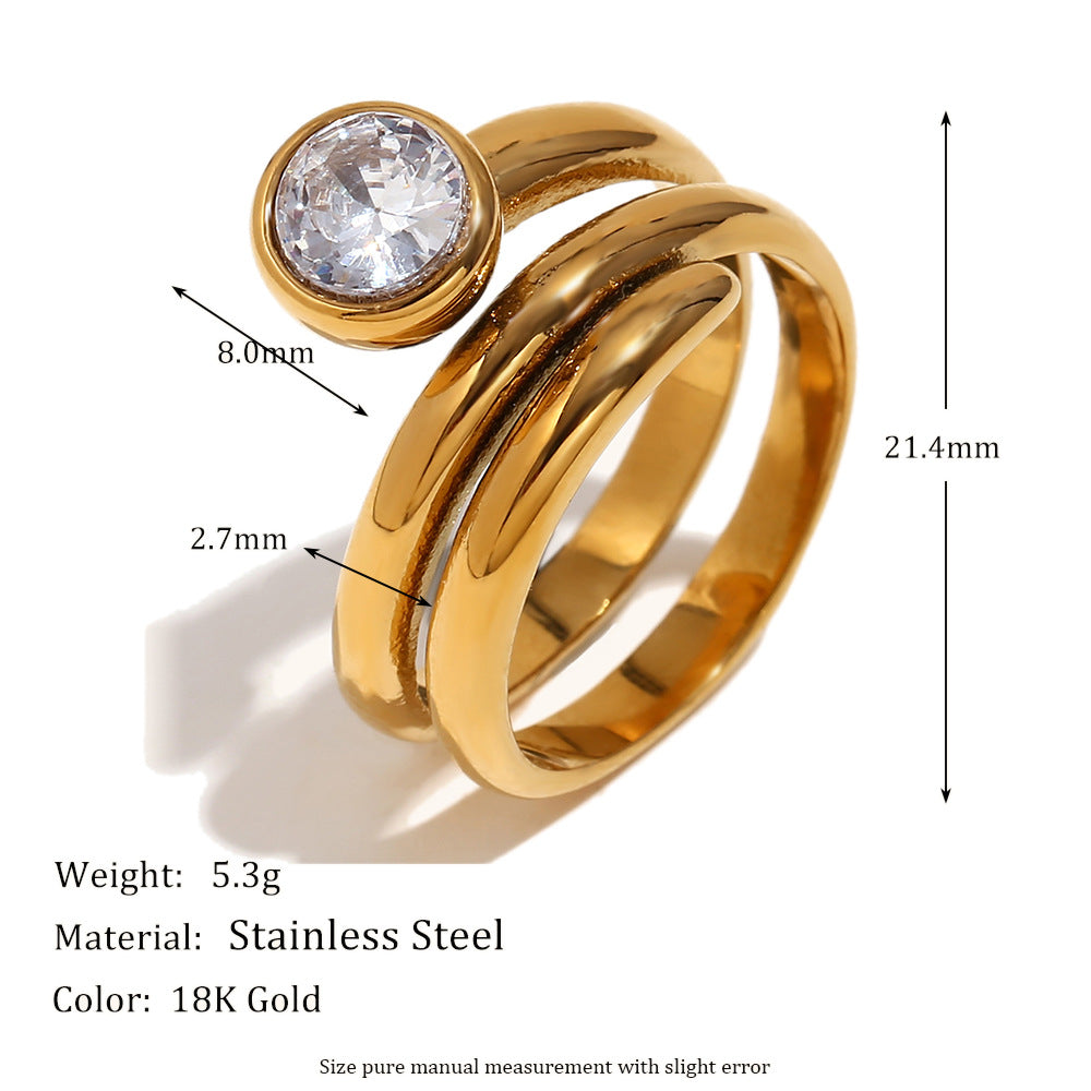 Minimalist Geometric Stainless Steel Plated 18K Gold Double-Layer Snake Head Ring with White Rhinestones for Women