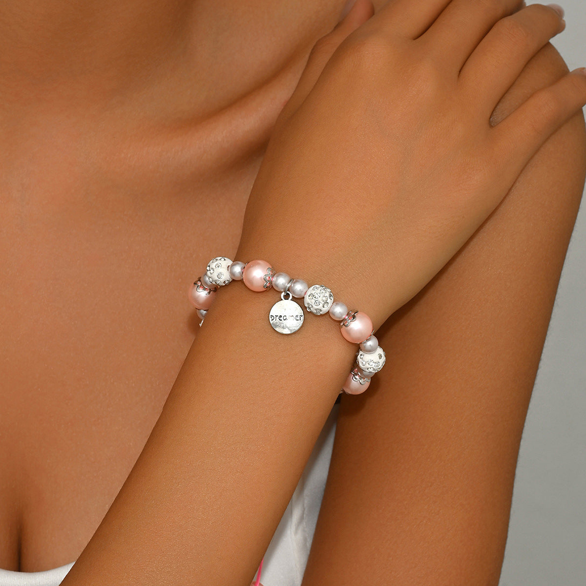 Chanel-Inspired Pink Pearl Bracelet with Letter Charm Hand-Strung Rhinestone Accented Adjustable Wristband for Women