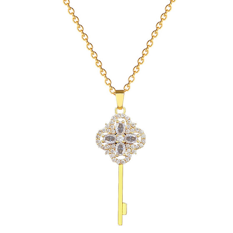 Sweet Minimalist Geometric Rhinestone Clover Key Pendant Titanium Steel Necklace for Unisex