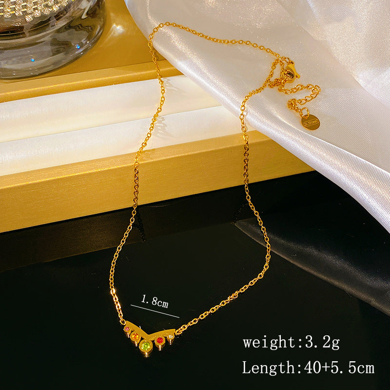 Sweet Streetwear Colorful Cubic Zirconia Crown Titanium Steel Necklace for Unisex