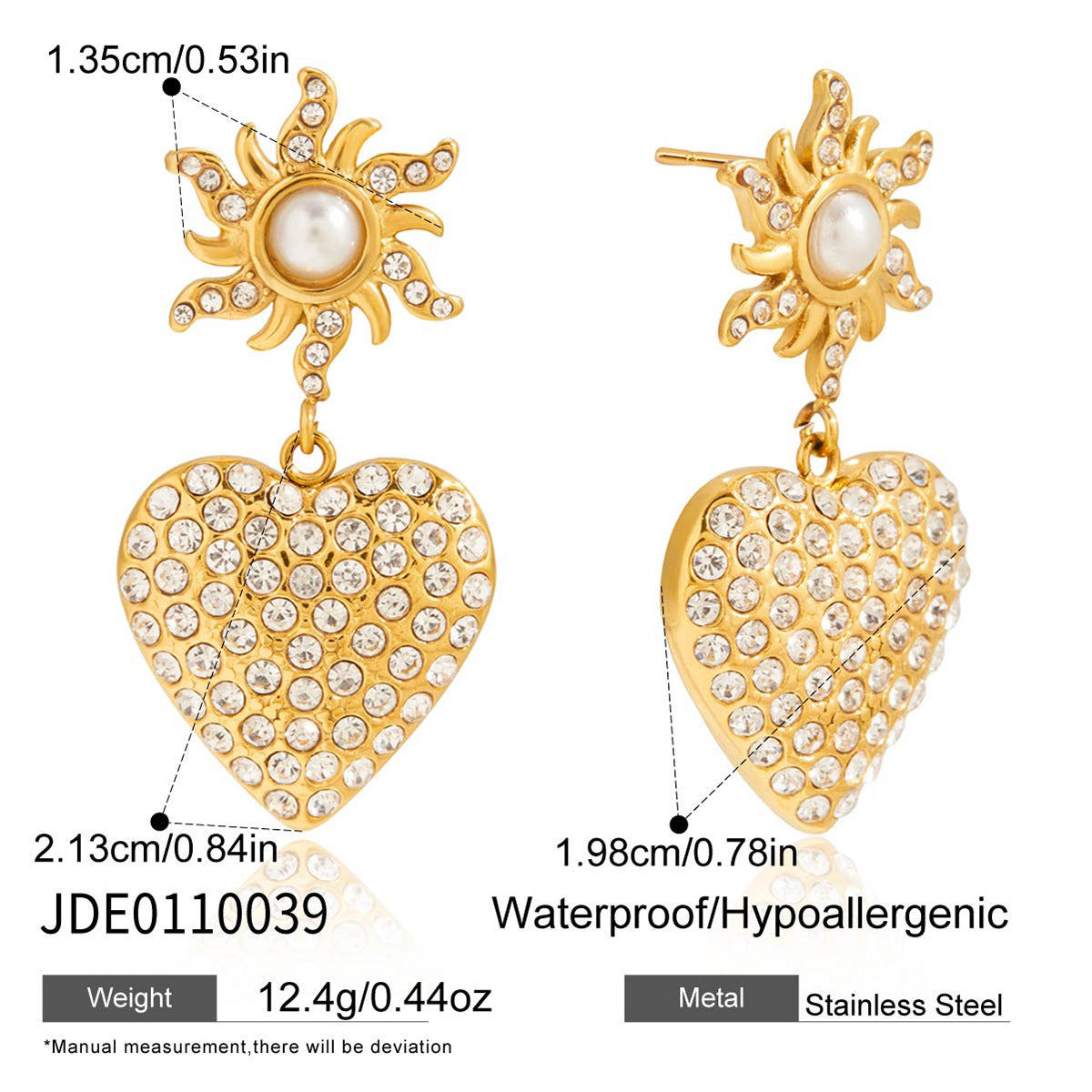 Orecchini a perno minimalisti da donna in acciaio al titanio a forma di cuore con intarsio in strass e finitura placcata