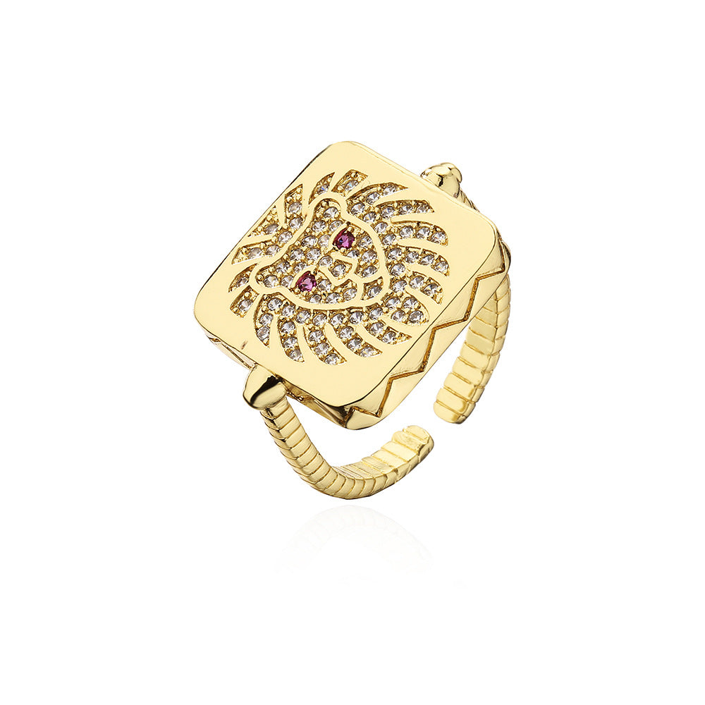 Anello da donna minimalista a forma di leone geometrico in rame placcato oro con intarsio in zircone