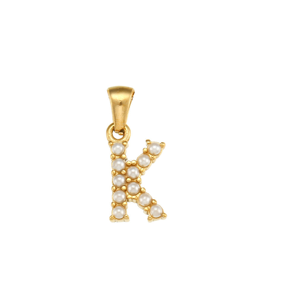 Minimalist Letter Pendant Necklace Stainless Steel with 18K Gold Plating Micro-Pave Zirconia and Pearl Accents