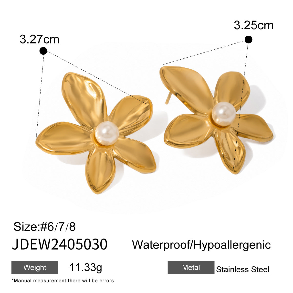18K Gold Plated Stainless Steel Floral Pearl Stud Earrings for Women