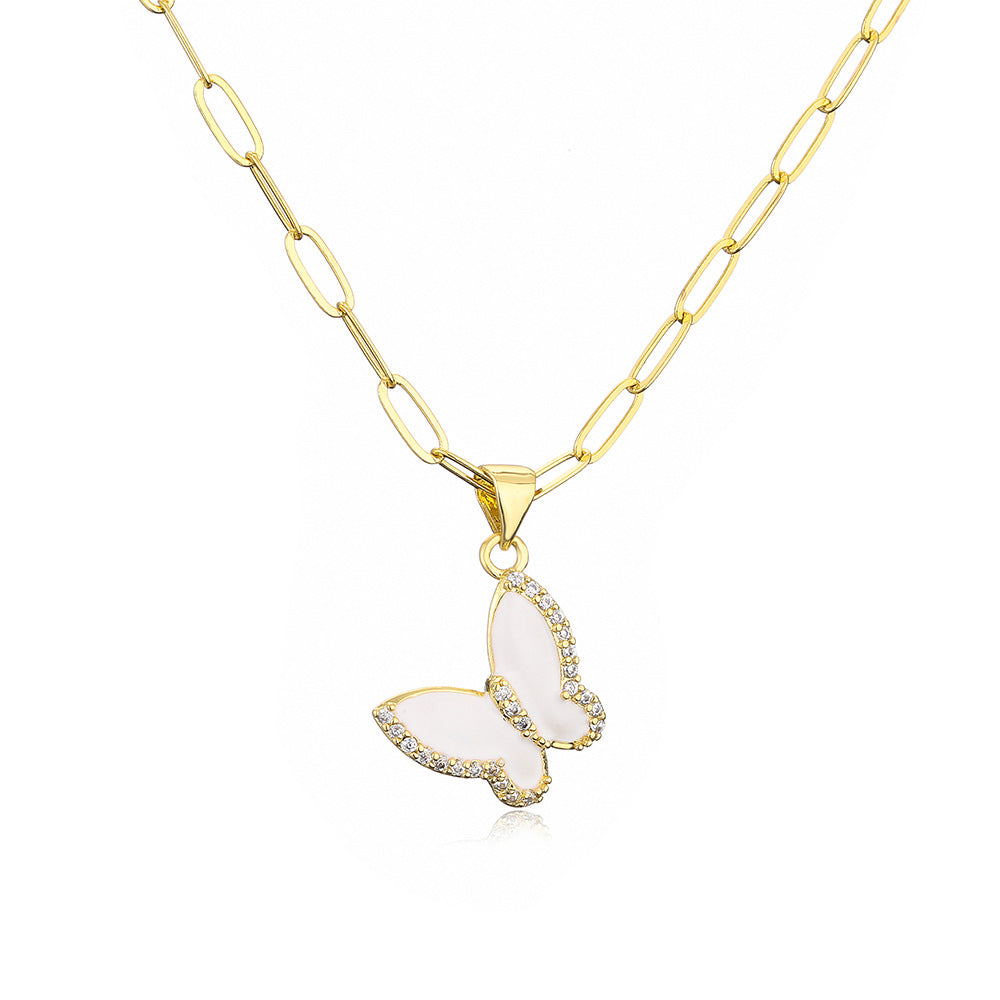 Minimalist Butterfly and Dragonfly Pendant Necklace for Women with Copper Base Plated in 18K Gold and Zircon Inlay