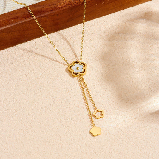 Minimalist Gold Plated Stainless Steel Floral Hollow Tassel Pendant Necklace