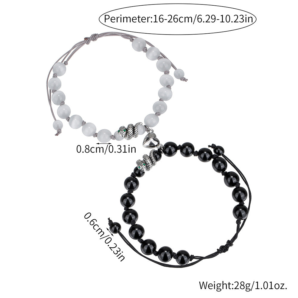 Geometric Round Black Agate Beaded Snake Chain Bracelet with Magnetic Heart Clasp for Unisex