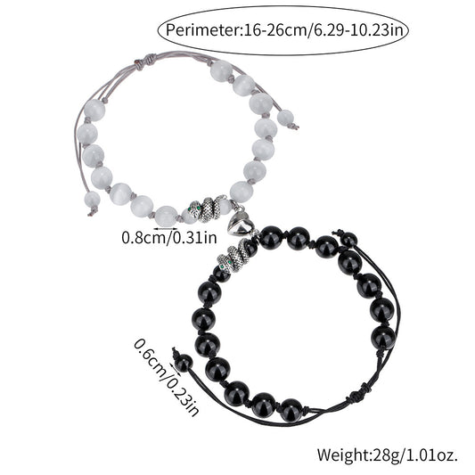 Geometric Round Black Agate Beaded Snake Chain Bracelet with Magnetic Heart Clasp for Unisex