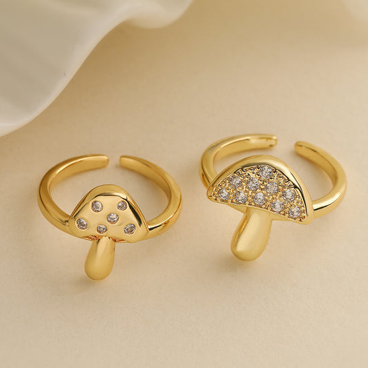 Anillo Minimalista Geométrico en Forma de Champiñón de Cobre con Baño de Oro de 18K y Circonita Microengastada para Mujer