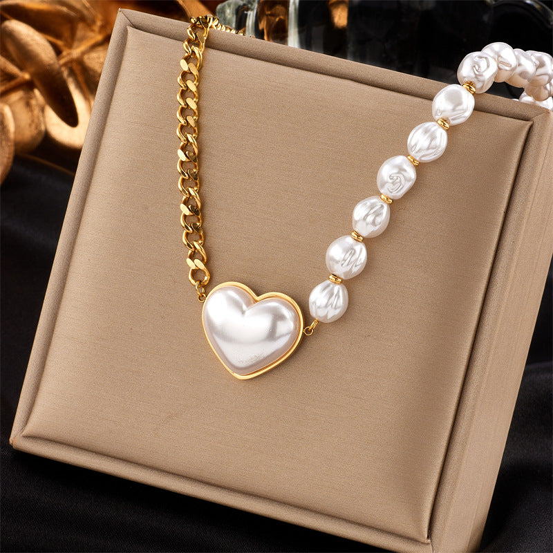 Punk Style Heart-Shaped Titanium Steel Plated Necklace with Pearl-Like Beads and Geometric Chain