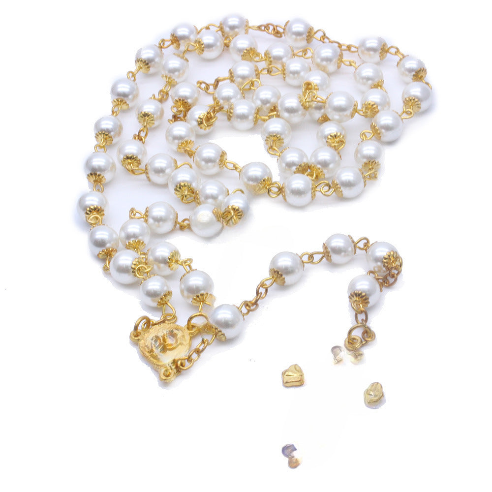 Vintage Cross Pendant Alloy Ball Chain Necklace with Imitation Pearl Beads Unisex Jewelry