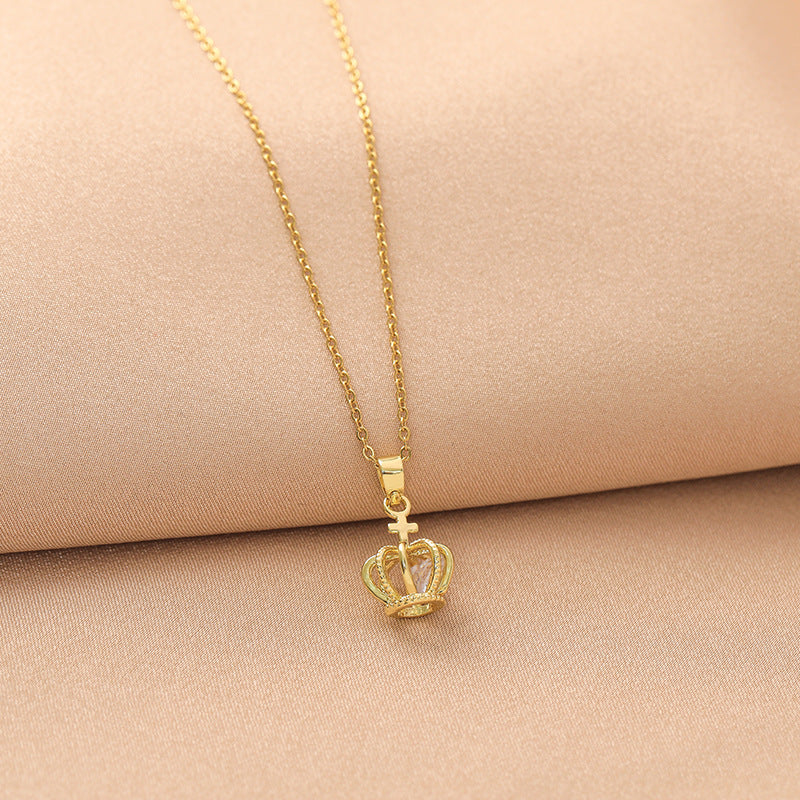 Luxury Minimalist Crown-Shaped Titanium Steel Necklace with Gold Plating for Women, Adjustable Clavicle Chain with Movable Pendant
