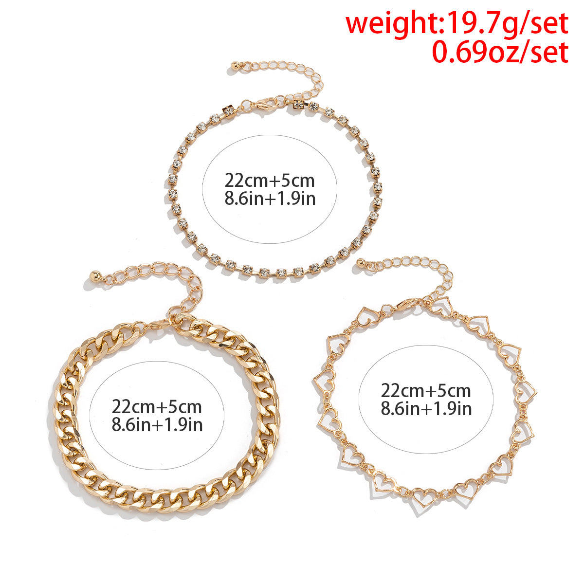 Hip-hop Minimalist Heart Alloy Rhinestone Anklet Set for Women