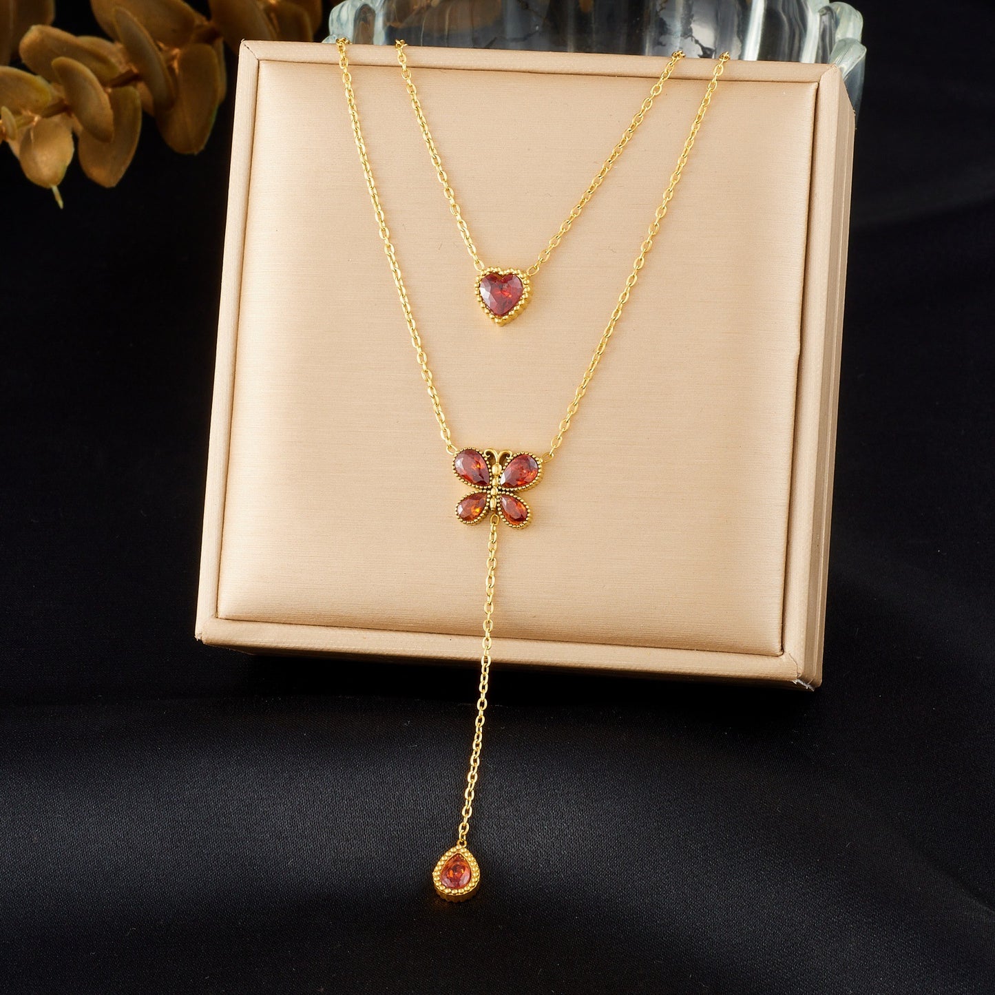 Fashion Streetwear Rhinestone Inlaid Heart Butterfly Teardrop Stainless Steel Pendant Double Layer Necklace