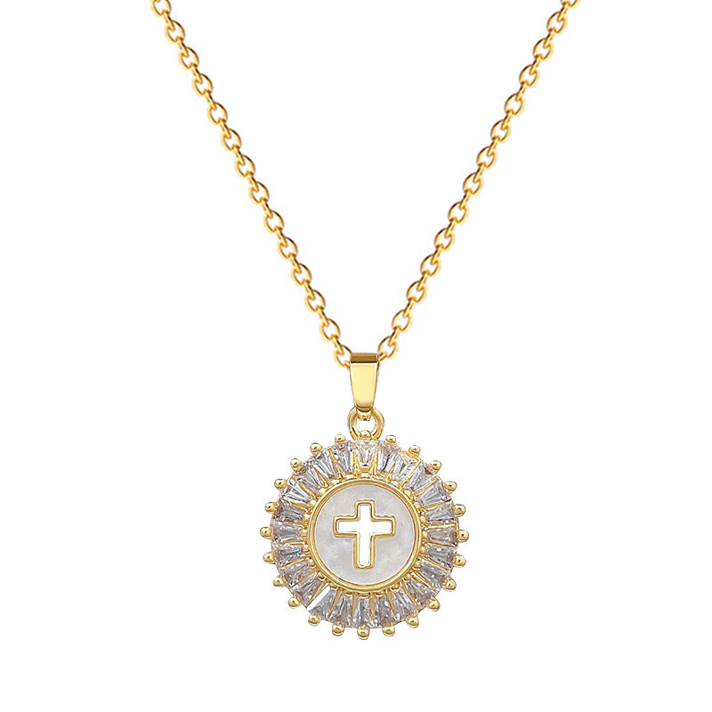 Minimalist Round Cross Pendant Necklace for Women Stainless Steel Chain with Rhinestone Inlay and Natural Moon Motif
