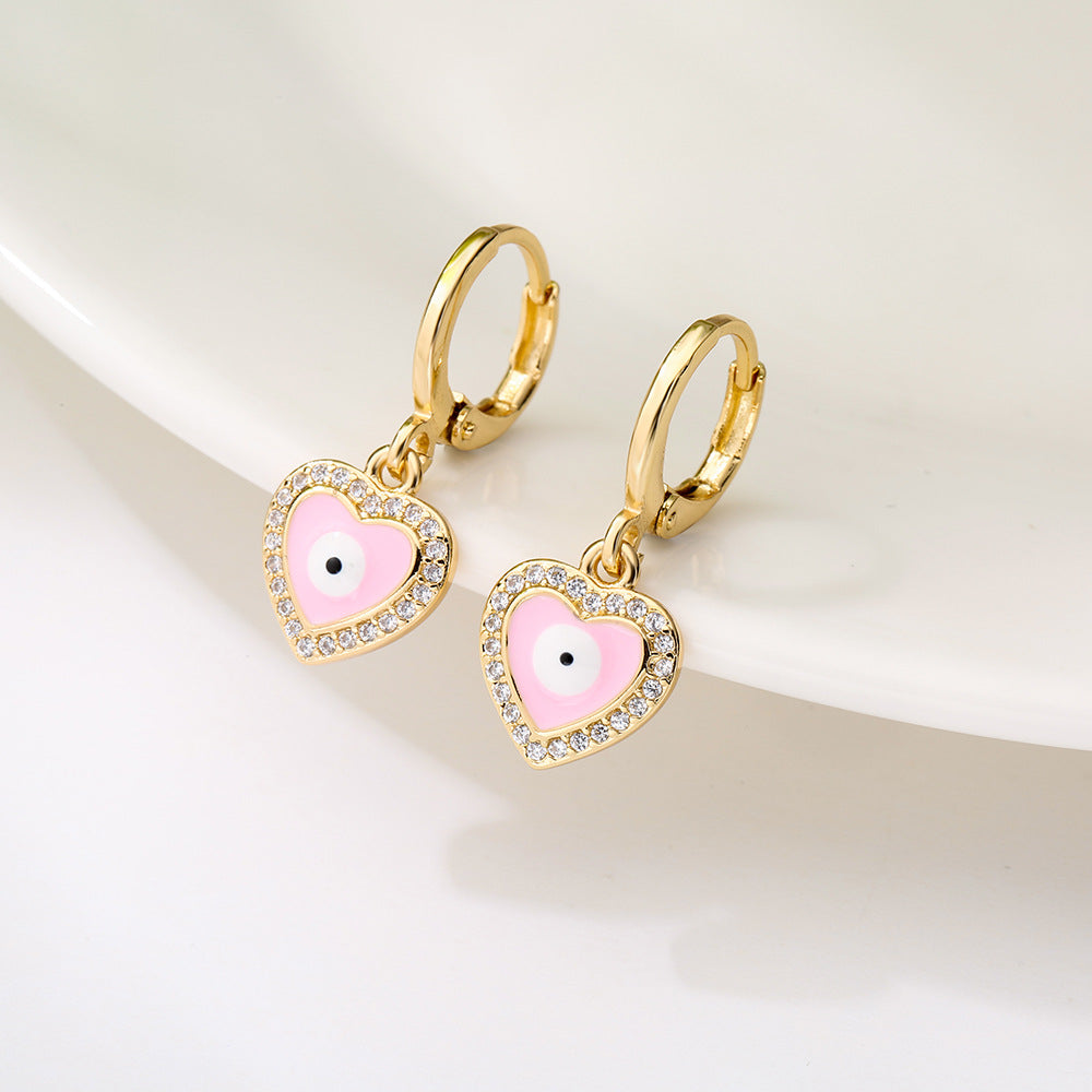 Casual Geometric Eye-Shaped Earrings for Women in Copper with Real Gold Plating and Zircon Inlay Enamel Finish