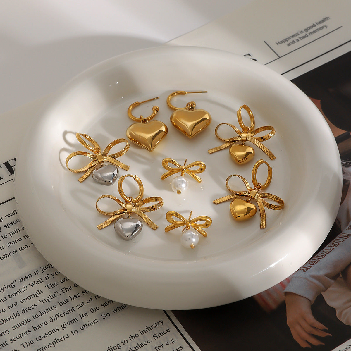 Elegant Heart Bow Stainless Steel Stud Earrings with Cubic Zirconia Plated Finish for Women