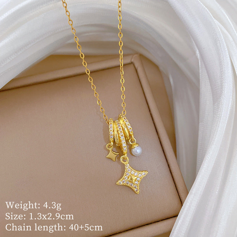 Sweet Minimalist Star Round Rhinestone Pearl Pendant Titanium Steel Necklace for Unisex