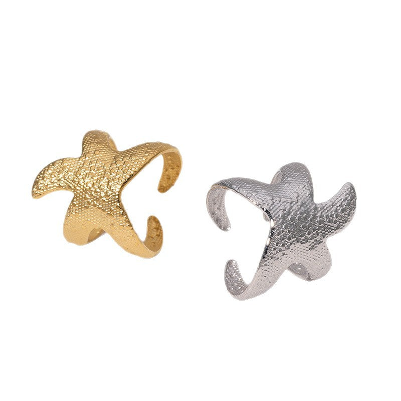 Minimalist 18K Gold Plated Stainless Steel Starfish Open Ring for Women