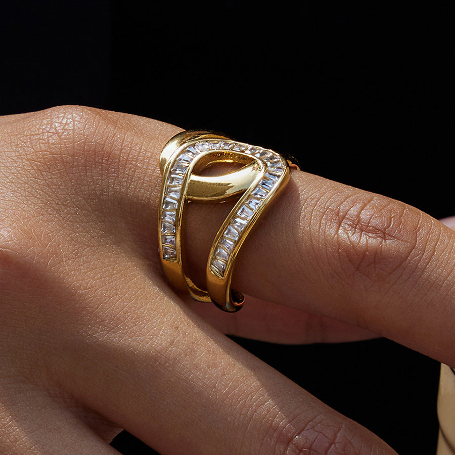 Anello di lusso geometrico con strass in acciaio inossidabile placcato oro 18 carati, gioielli alla moda da donna