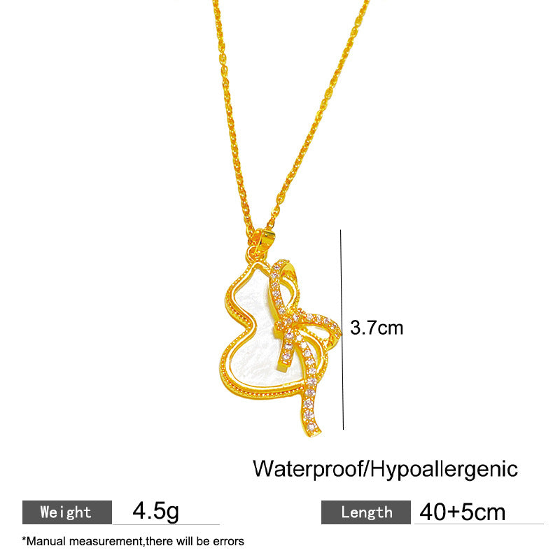 Sweet Minimalist Butterfly Cubic Zirconia & White Shell Gourd Pendant Titanium Steel Necklace for Women