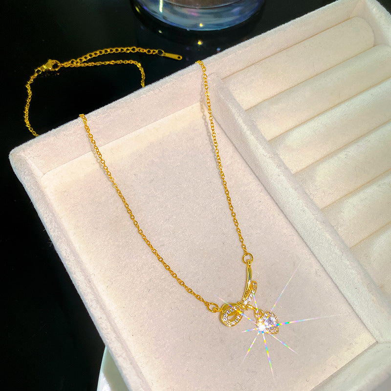 Sweet Minimalist Heart Bow Titanium Steel Plated Necklace with Brass Pendant Cable Chain Unisex