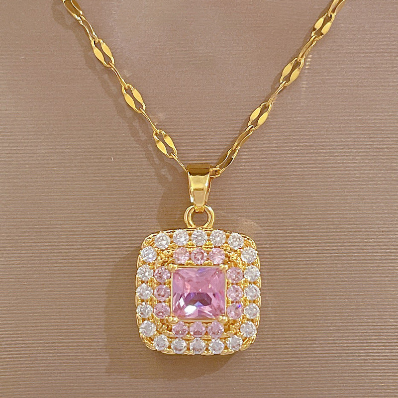 Luxury Titanium Steel Geometric Square Pendant Necklace and Earrings Set with Rhinestone Inlay for Women Formal Events