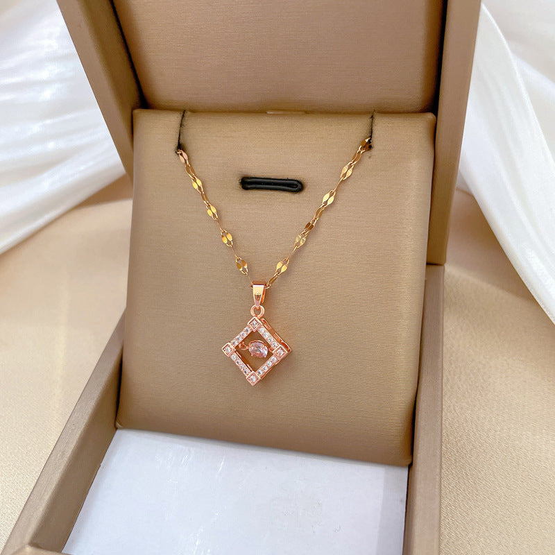 Luxury Geometric Titanium Steel Pendant Necklace for Women with Rhinestone Inlay, Delicate Clavicle Chain Style