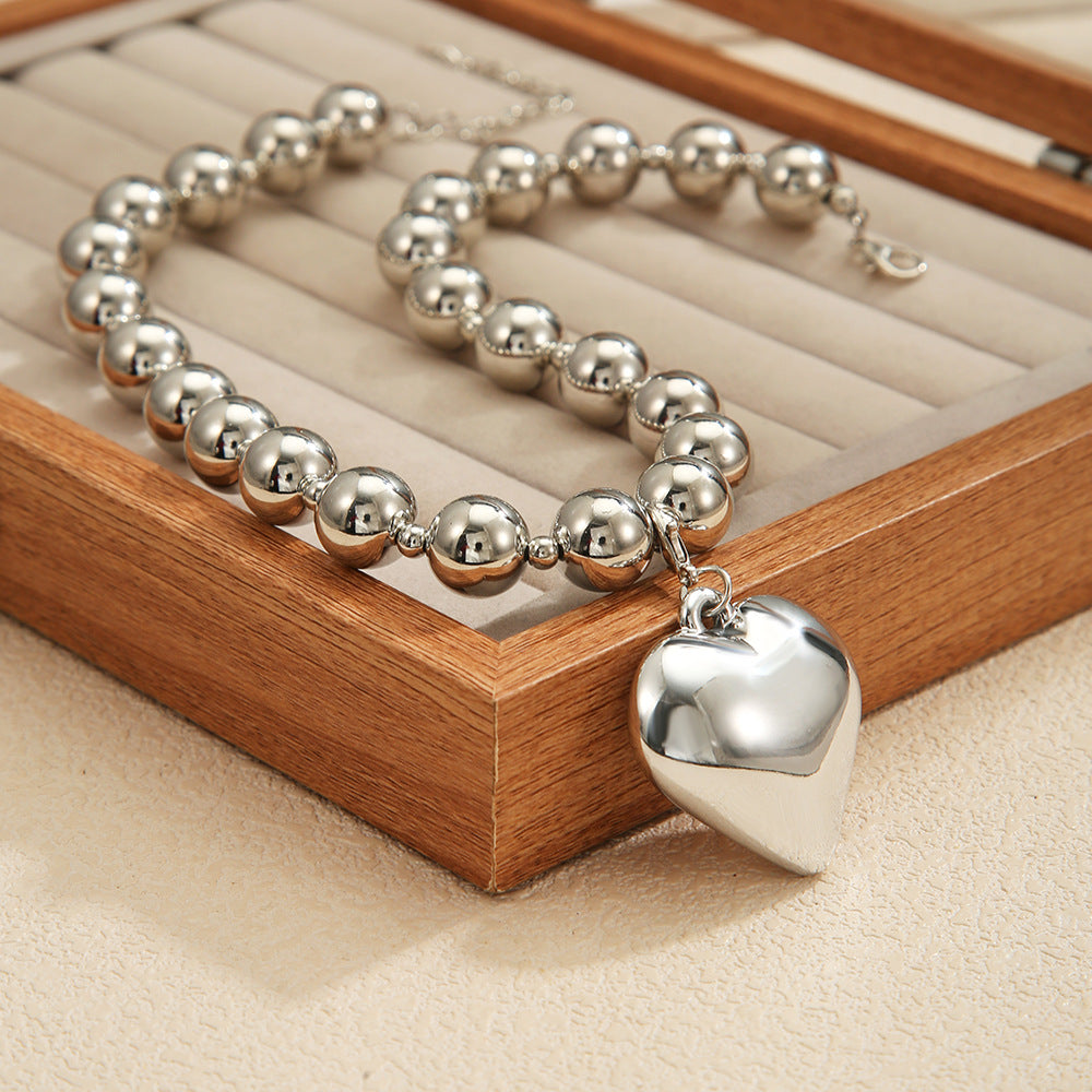 Irregular Geometric Heart Pendant Alloy Beaded Cable Chain Necklace