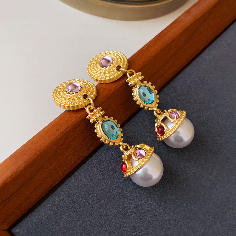 Orecchini da donna stile perla con inserti geometrici artistici vintage e strass, perno in argento sterling 925