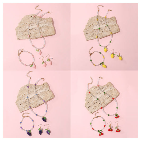Minimalist Bowknot Resin Cherry Grape Fruit and Starfish Pendant Necklace Set for Girls with Beaded Chain