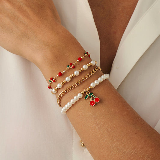 Juego de pulseras de abalorios rústicos minimalistas de cerezo con aleación de zinc y acabado esmaltado para mujer