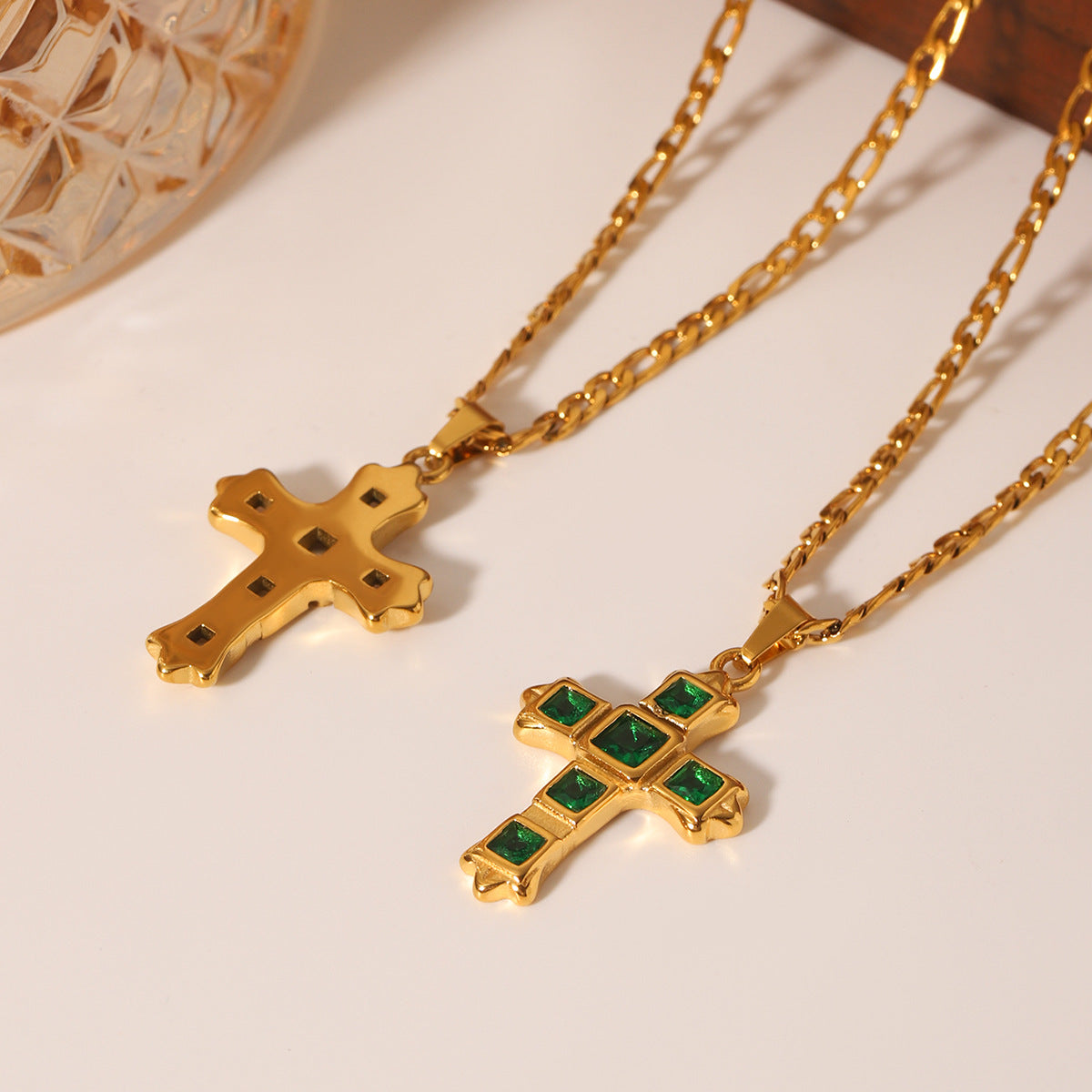 Minimalist Cross Pendant Necklace in Stainless Steel with Zircon Inlay on Figaro Chain for Women