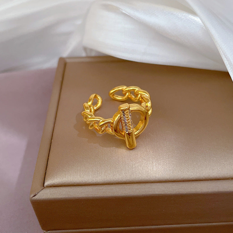 Minimalist Adjustable Open Ring for Women with Crown Shape in Brass and Zircon Inlay