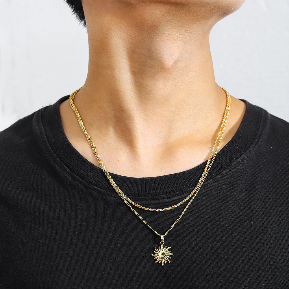 Minimalist Luxury Gold Plated Brass Geometric Sun Pendant Necklace Multi-layer Unisex