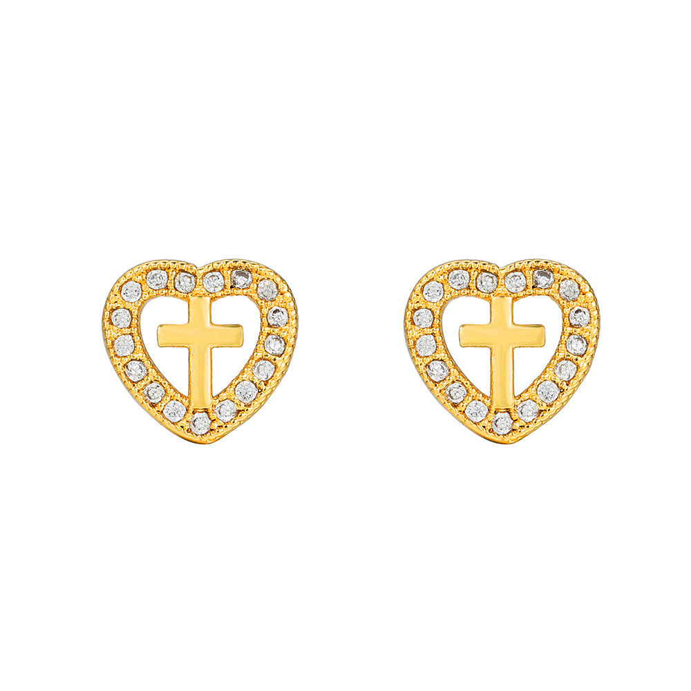 Streetwear Brass Inlaid with Cubic Zirconia Heart Cross Stud Earrings for Women