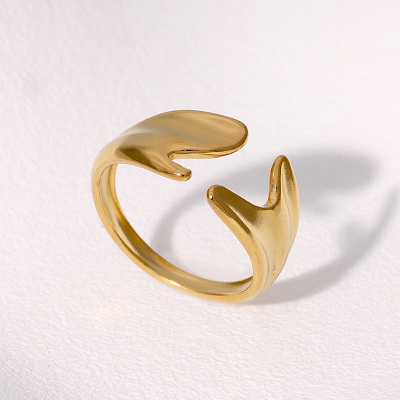 Minimalist Irregular Asymmetrical Open-End Stainless Steel Ring for Women with Gold Plating
