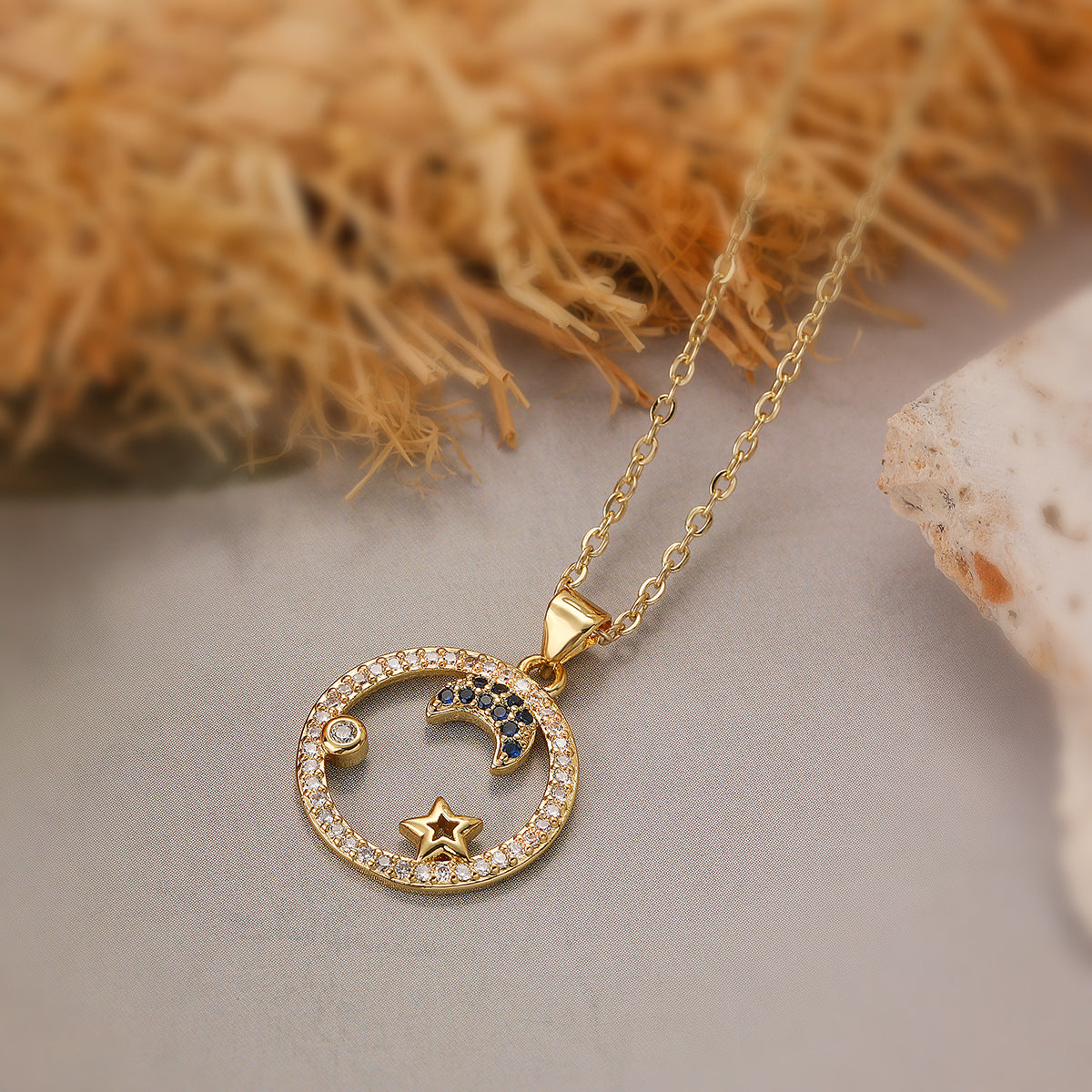 Minimalist Geometric Star Moon Eye Pendant Necklace for Women with Copper Base and 18K Gold Plating