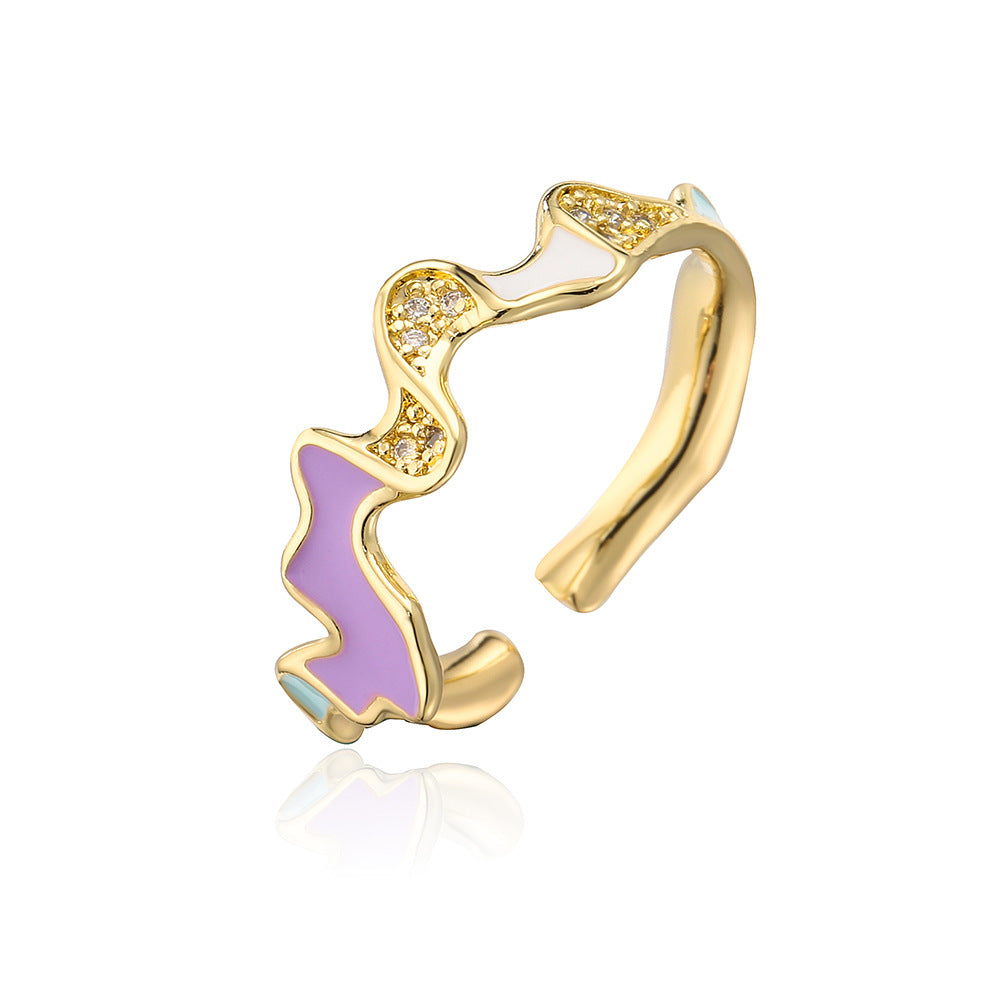 INS Style Irregular Geometric Open Ring for Women Made of Copper with 18K Gold Plating and Enamel-Set Zirconia