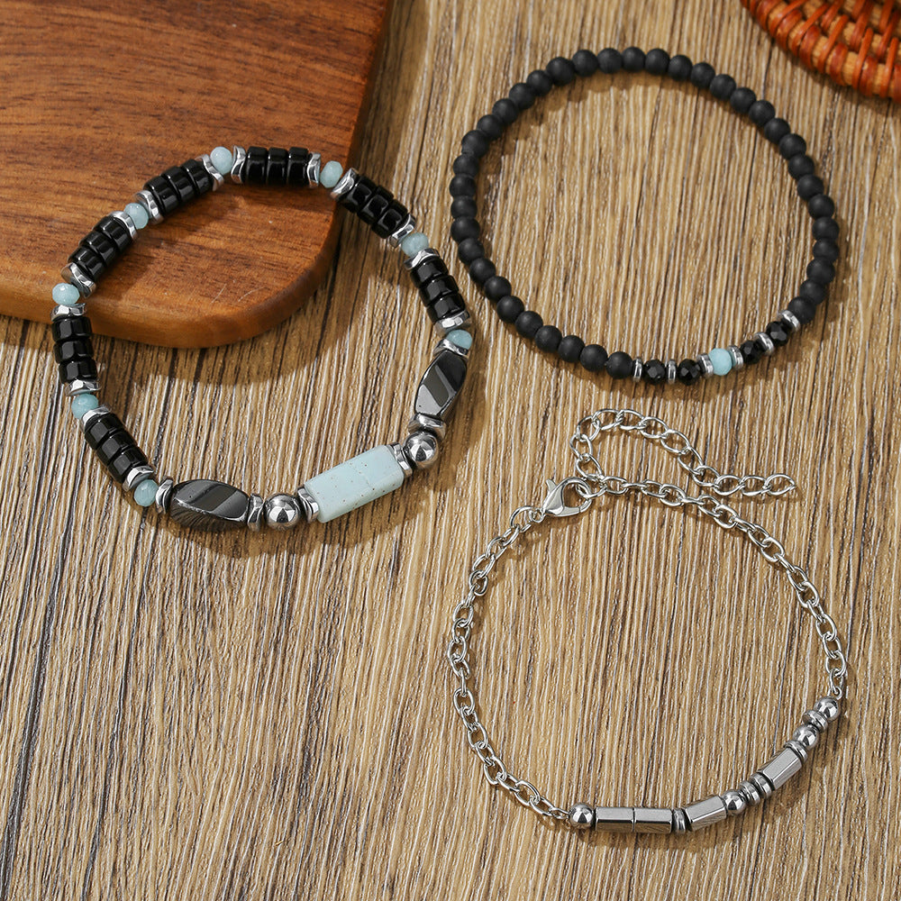 Minimalist Matte Black Agate and Wood Beaded Bracelet Geometric Adjustable Chain for Men and Women