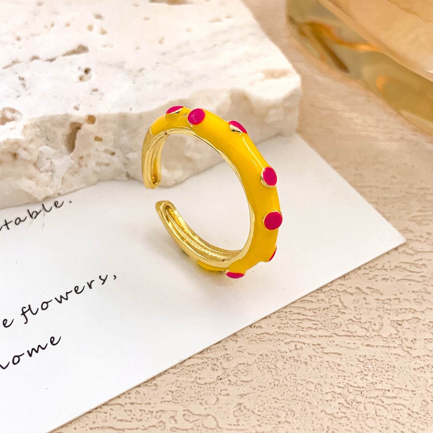 Sweet Geometric Checkered Alloy Drip Oil Plated Adjustable Ring for Women