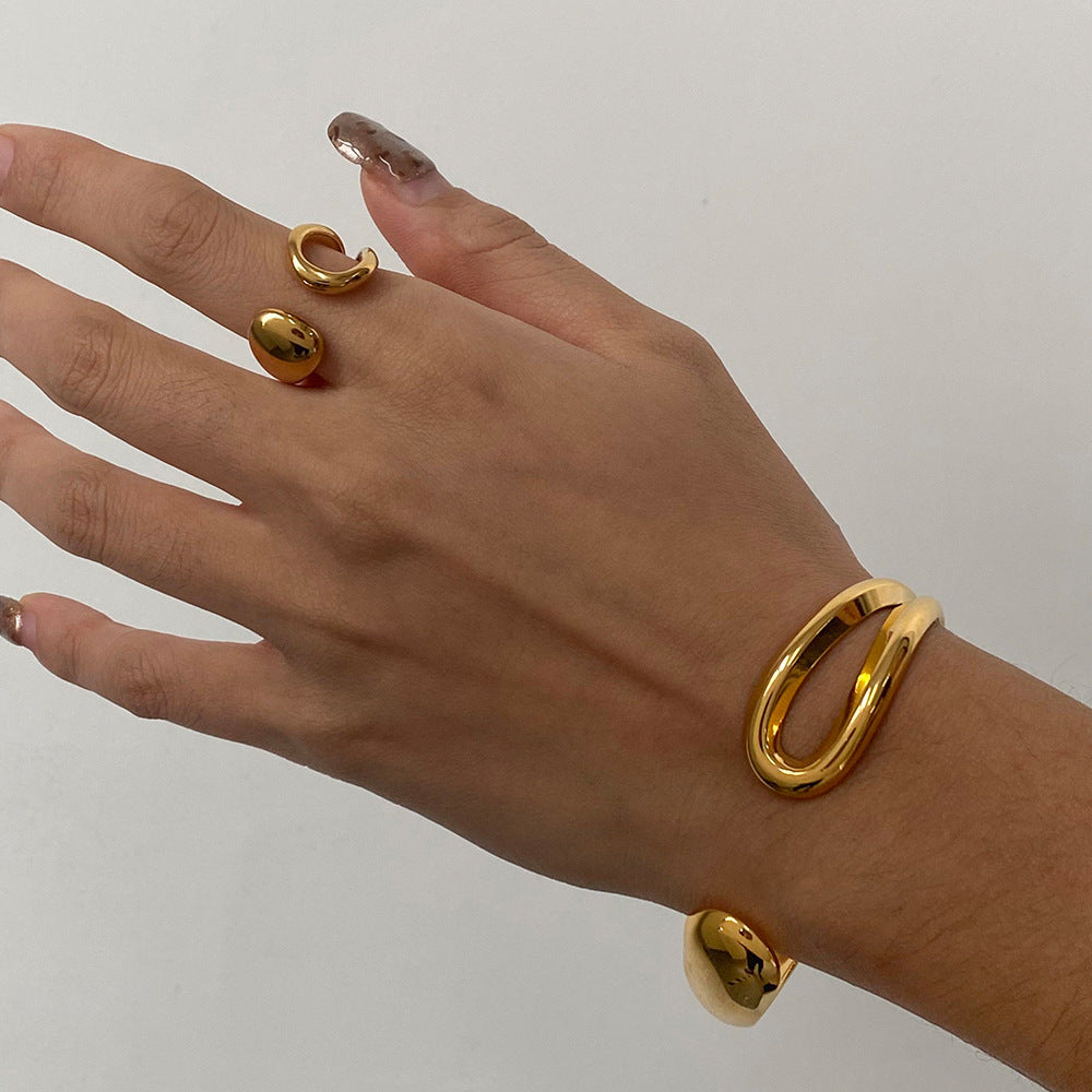 Juego de pulsera con forma de gota chapada en oro de acero inoxidable y anillo ajustable, diseño geométrico minimalista
