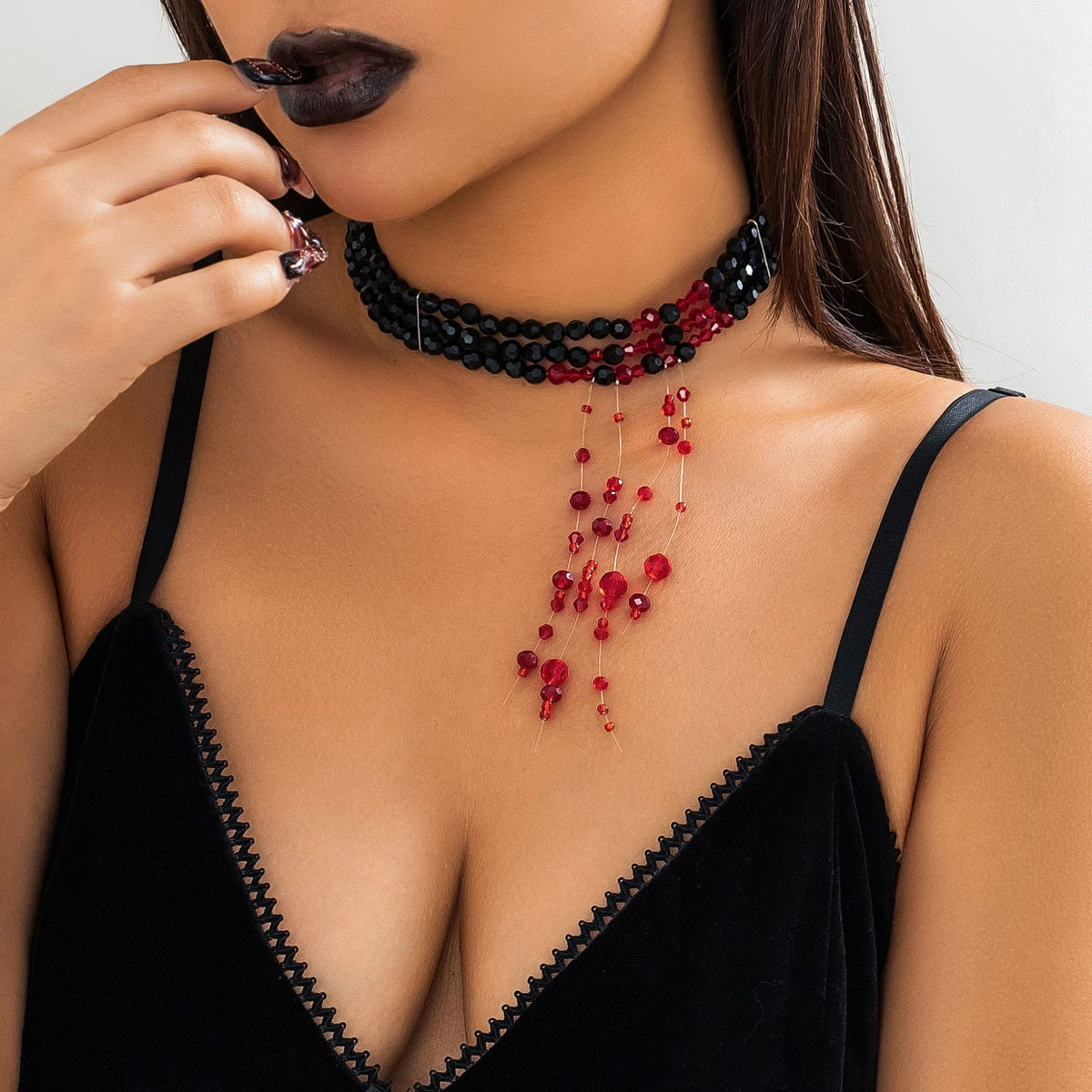 Gothic Red Teardrop Crystal Beaded Choker Necklace with Tassel for Women